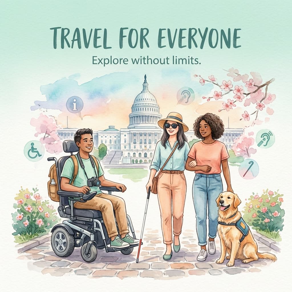Diverse travelers with accessibility needs exploring together